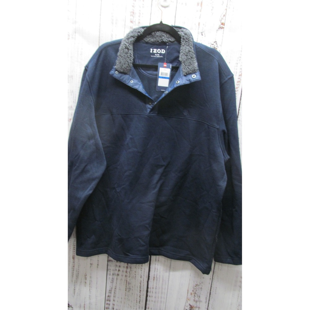 IZOD Mens XL Pullover Sweatshirt Gray Faux Fur Collar Button Up Navy Blue NWT
